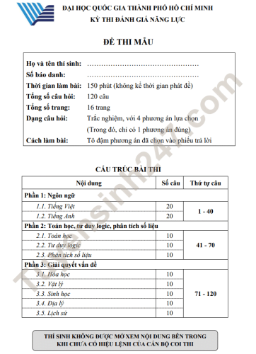 Đề minh họa đánh giá năng lực ĐHQG TP HCM 2023 có đáp án