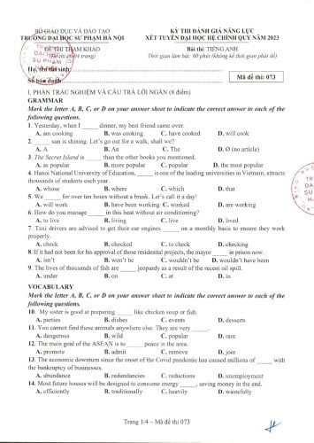 Đề thi tiếng Anh DGNL  tham khảo Đại học Sư Phạm Hà Nội năm 2023