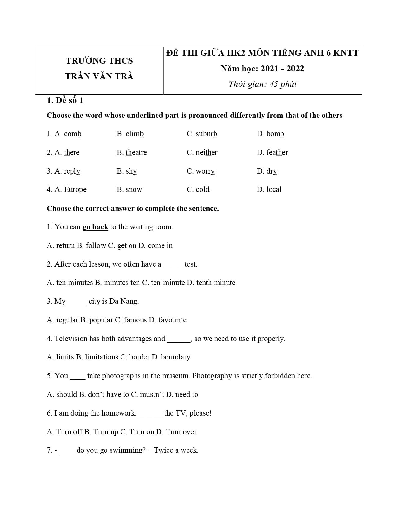 Đề thi tiếng anh lớp 6 giữa HK2 THCS Trần Văn Trà có đáp án và file PDF