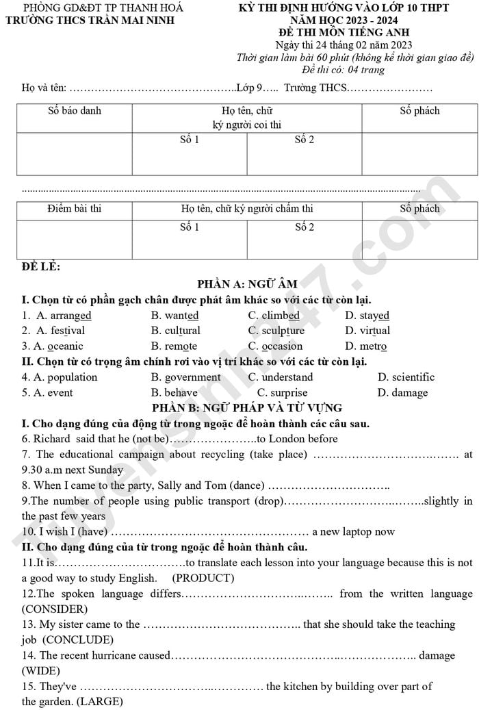 Đề thi thử vào lớp 10 môn Anh - THCS Trần Mai Ninh 2023 có đáp án