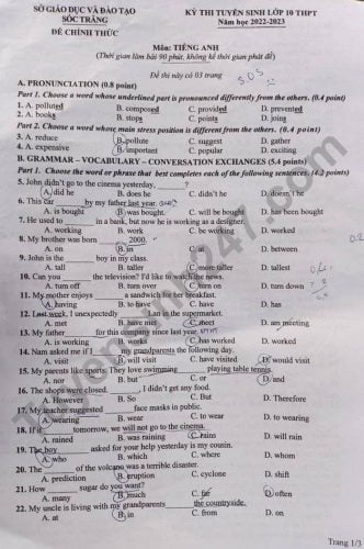 Đề thi tuyển sinh lớp 10 môn anh sóc trăng các năm có đáp án