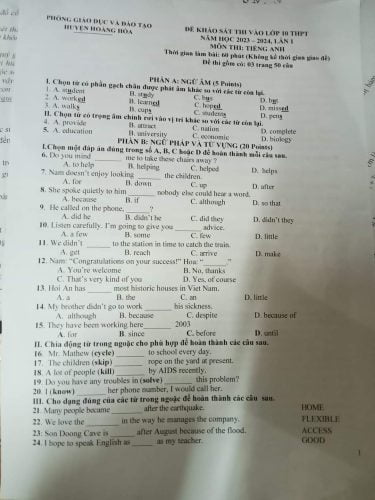 Đề thi thử tiếng anh vào lớp 10 huyện hoằng hóa tỉnh Thanh Hóa 2023