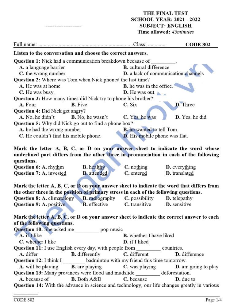Đề ôn thi tiếng Anh cuối HK2 lớp 8 THCS Xuân Đỉnh có file pdf