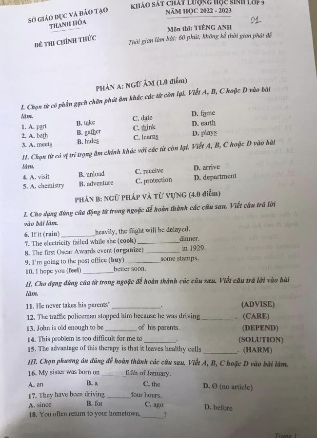Đề thi khảo sát chất lượng môn tiếng Anh lớp 9 tỉnh Thanh Hóa 2023
