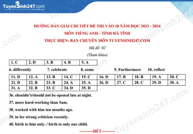 Đáp án đề thi tuyển sinh lớp 10 môn Anh Hà Tĩnh 2023