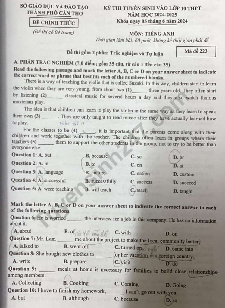 Đề thi tiếng Anh vào 10 TP Cần Thơ 2024 có file PDF