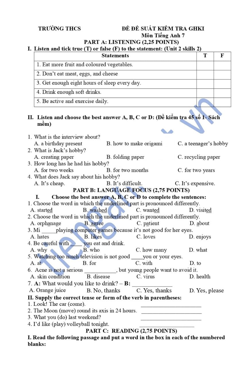 Đề kiểm tra tiếng anh lớp 7 giữa học kì 1 có file nghe, đáp án và file pdf