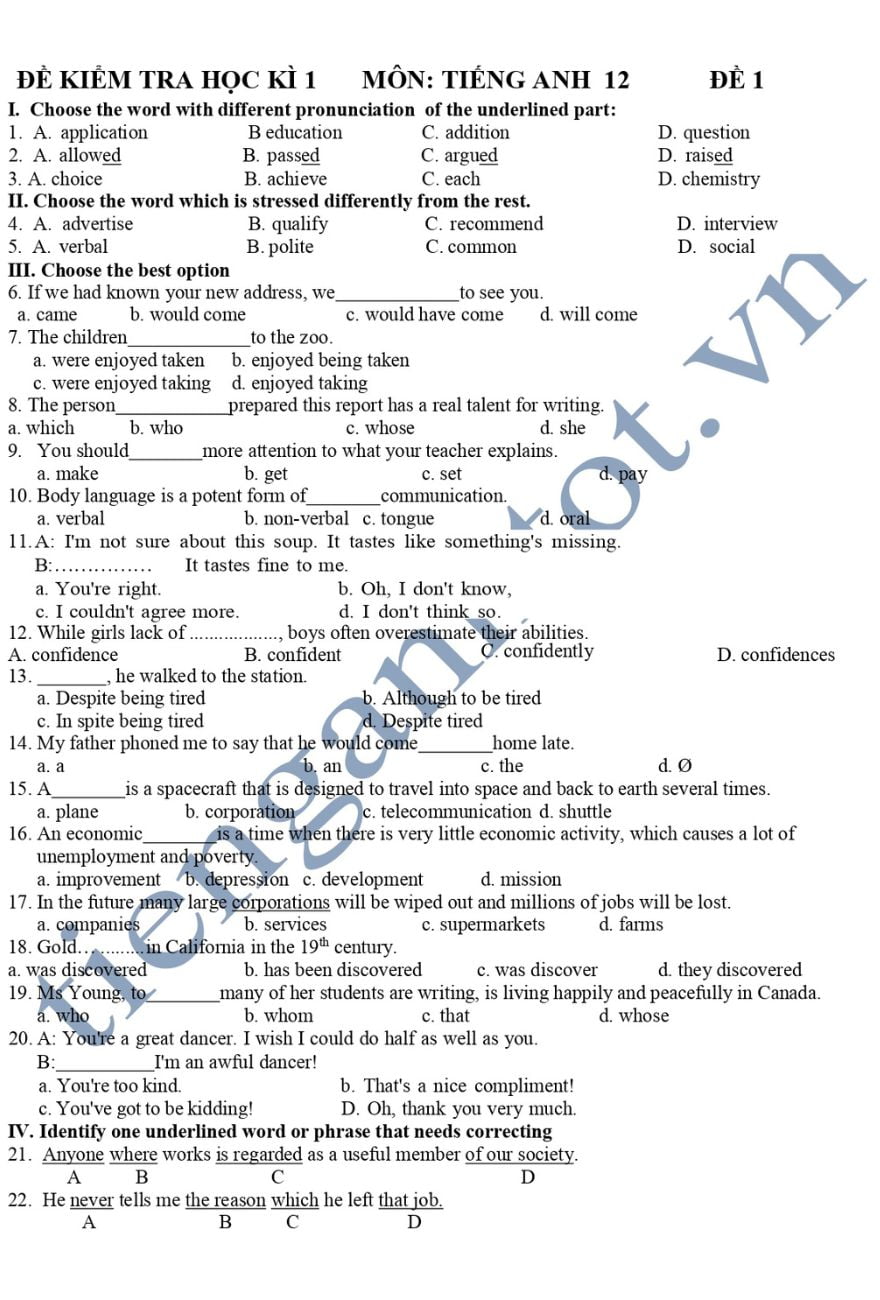 10 đề ôn thi tiếng Anh lớp 12 HK1 có đáp án và file PDF 3