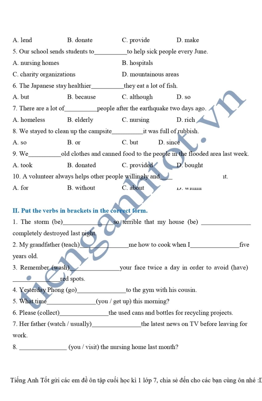 7 đề ôn thi tiếng Anh lớp 7 HK1 có đáp án và file PDF 2023 2