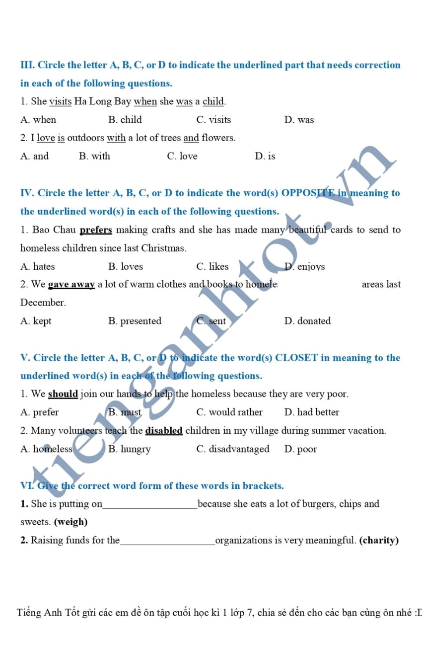 7 đề ôn thi tiếng Anh lớp 7 HK1 có đáp án và file PDF 2023 3