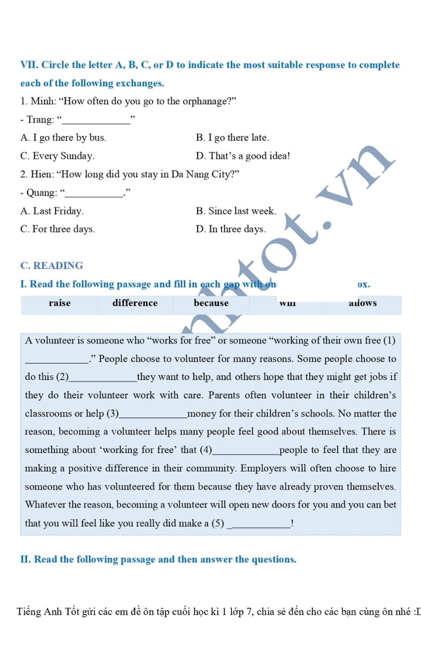 7 đề ôn thi tiếng Anh lớp 7 HK1 có đáp án và file PDF 2023 4