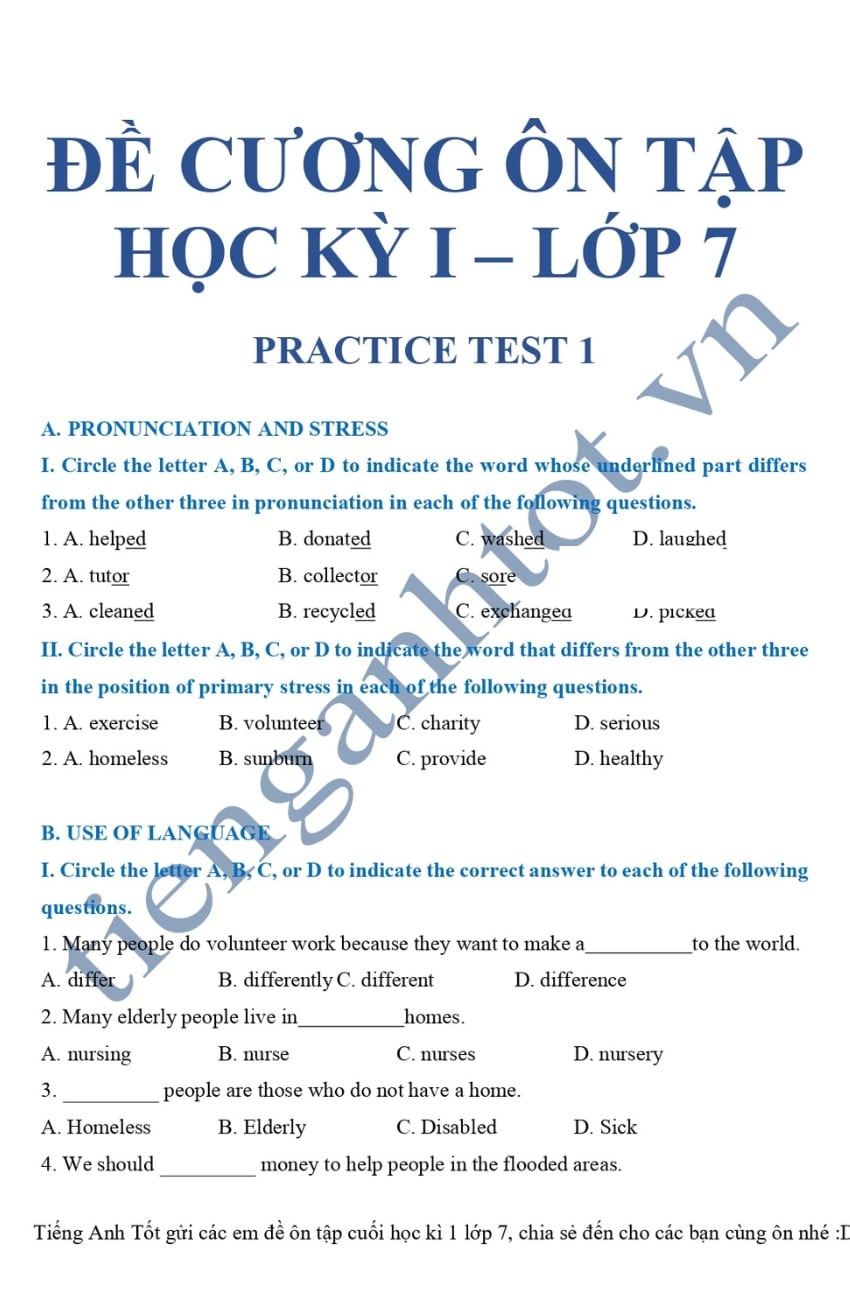 7 đề ôn thi tiếng Anh lớp 7 HK1 có đáp án và file PDF 2023