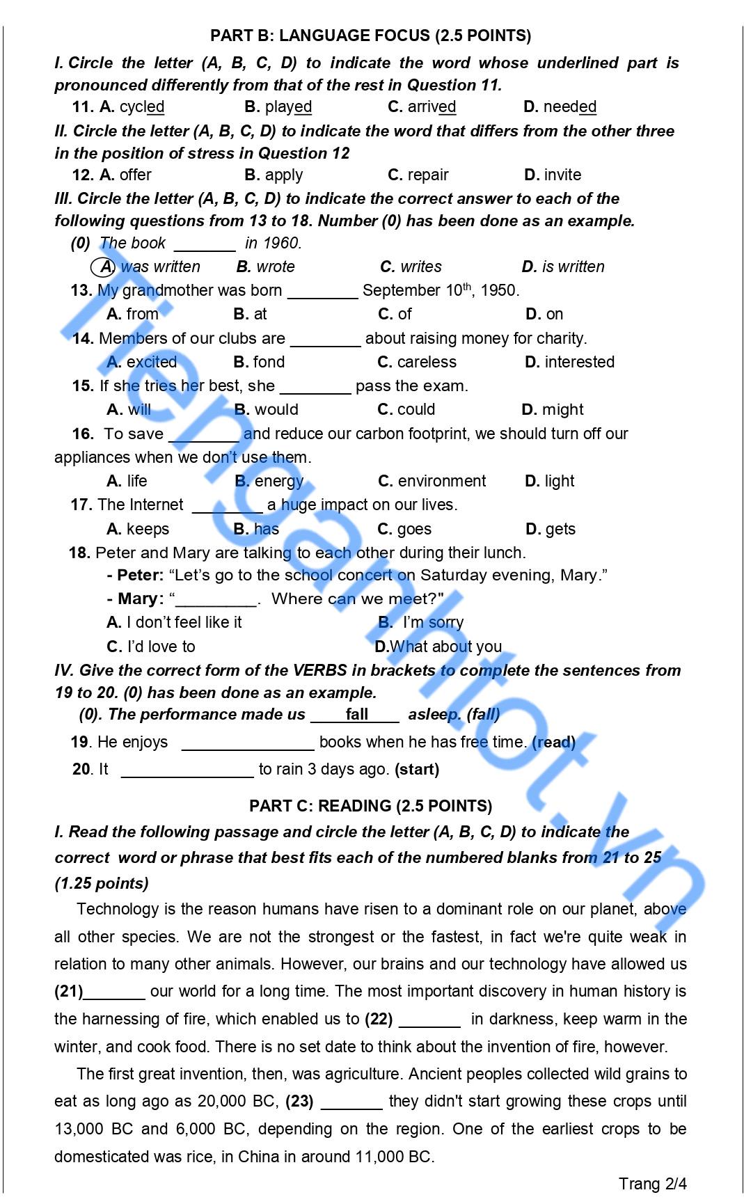 Đề thi tiếng Anh HK1 lớp 10 Nam Định 2023 có đáp án và file nghe 2