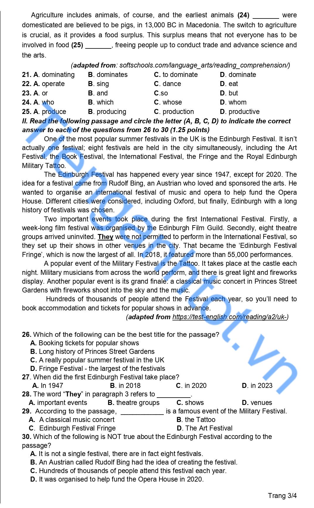 Đề thi tiếng Anh HK1 lớp 10 Nam Định 2023 có đáp án và file nghe 3