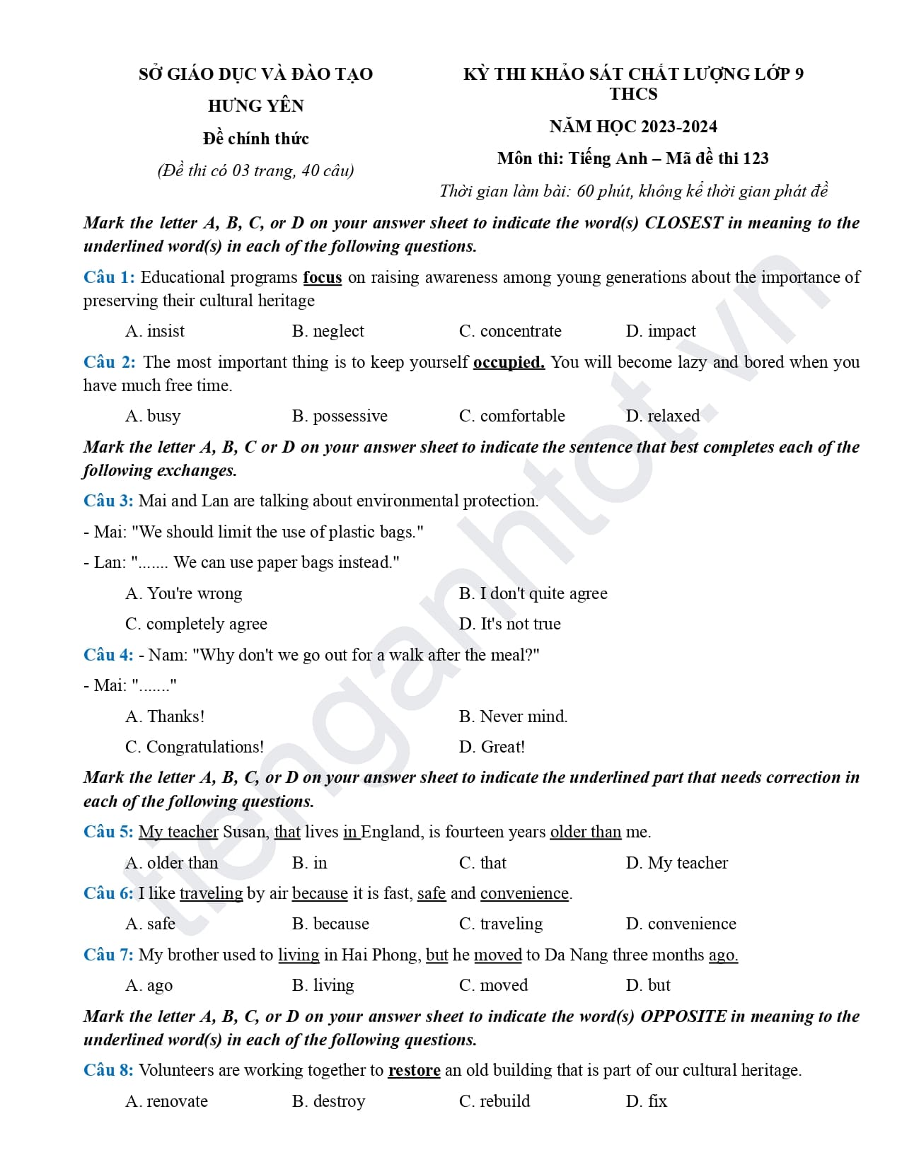 Đề thi khảo sát tiếng Anh lớp 9 Hưng Yên 2024 mã 123 