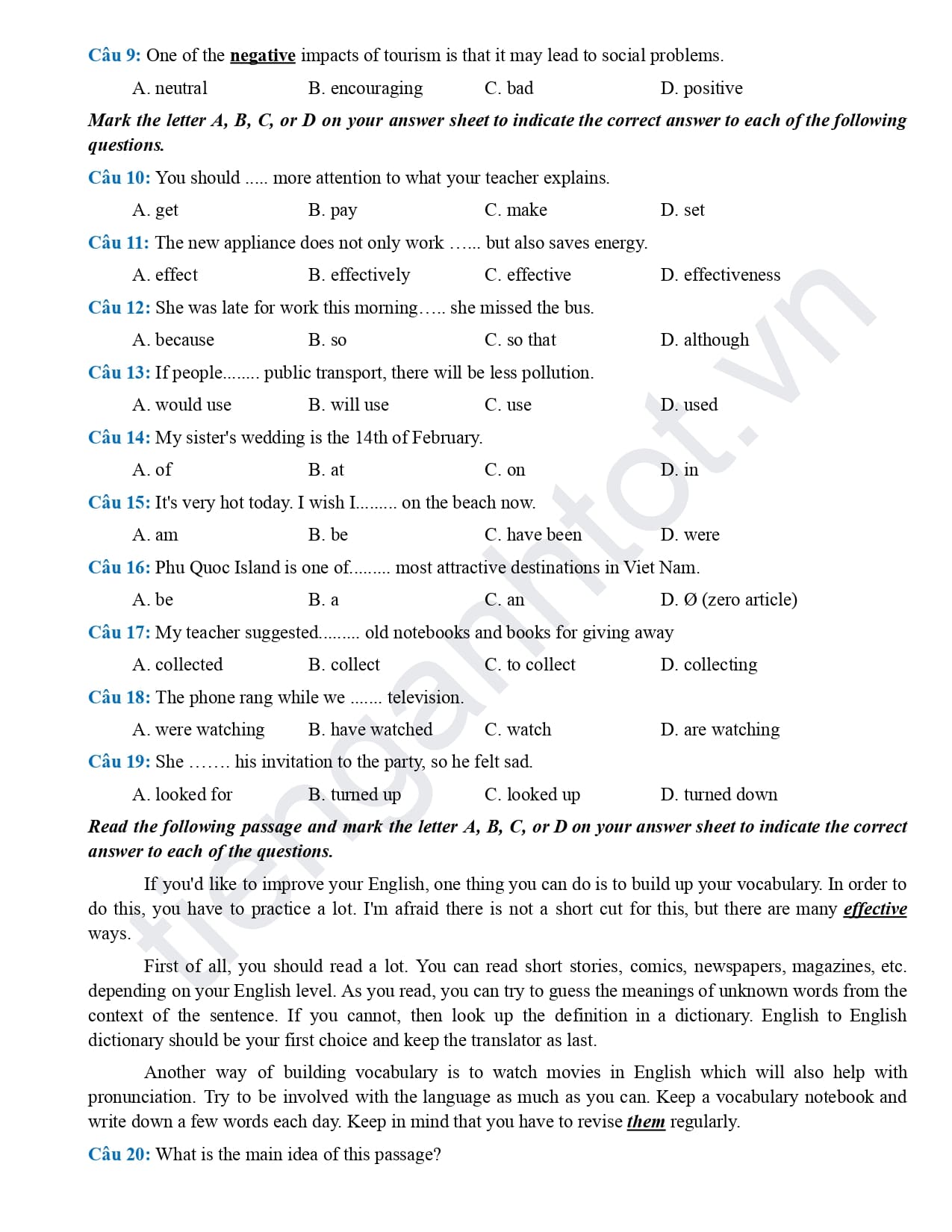 Đề thi khảo sát tiếng Anh lớp 9 Hưng Yên 2024 mã 123 2